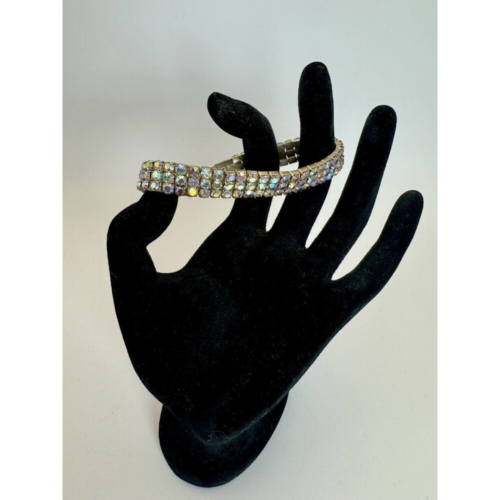 Vintage 1950s-1960s Aurora Borealis Bracelet Stretch 3 Rows Metal Back 7"